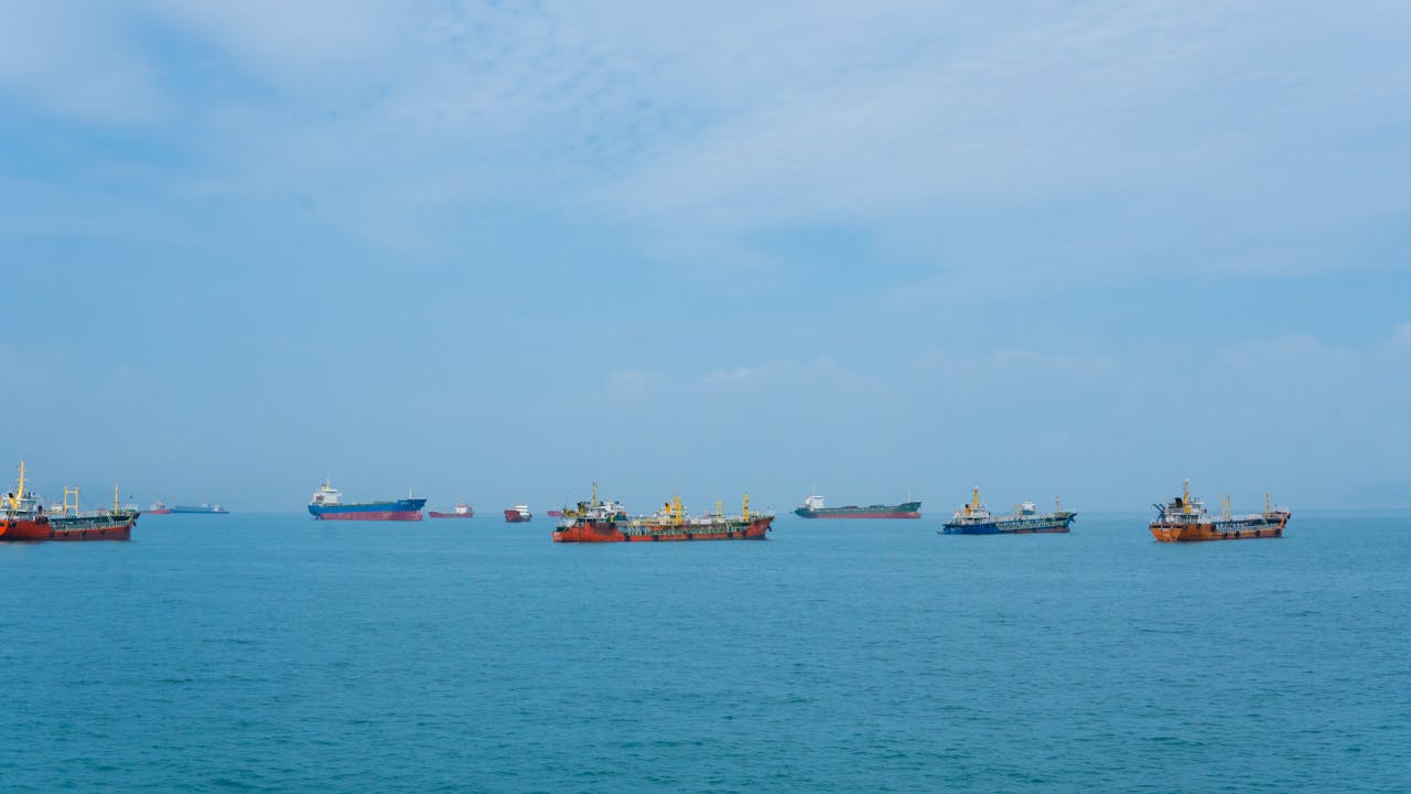Multiple cargo ships floating on a serene blue ocean under a clear sky.